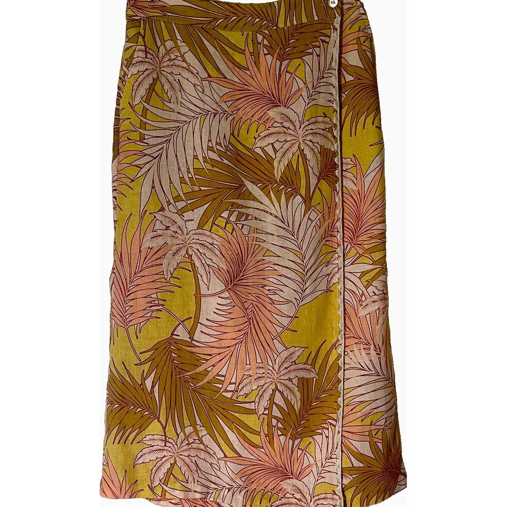 Tahari 100% Linen Wrap Skirt Medium Tropical Palm Leaf Yellow Pink Midi‎ Maxi⁠